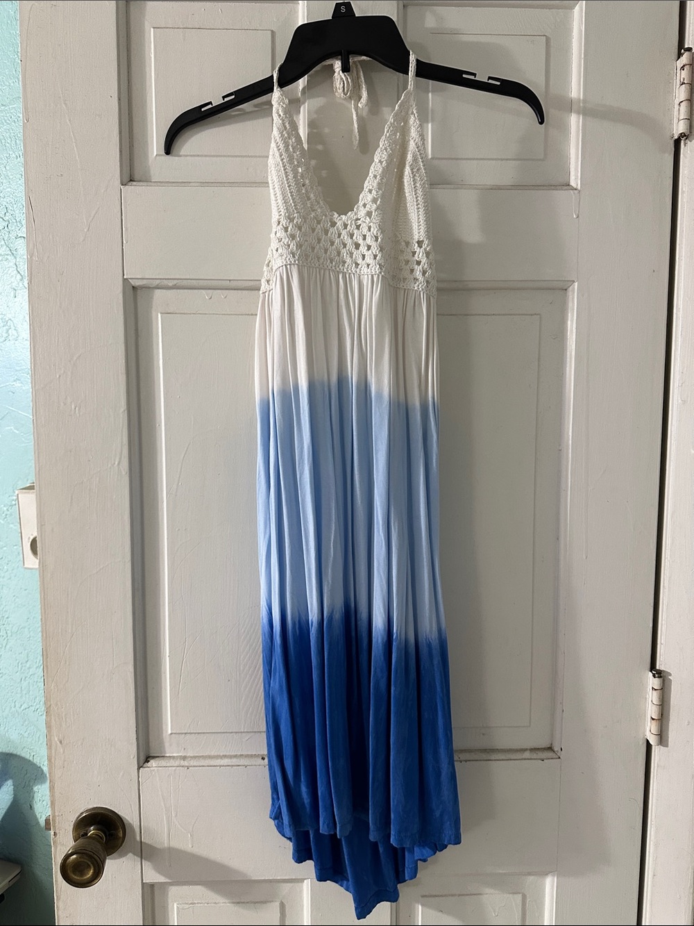 White Crochet Halter Maxi Dress with Blue Ombre Skirt